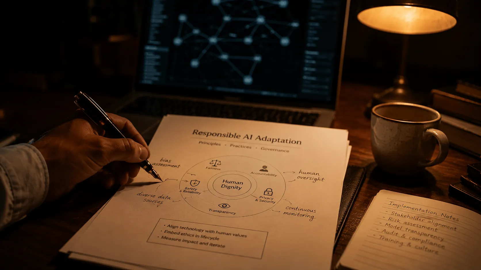 A hand marks up a printed document by warm lamplight, a laptop softly out of focus in the background.