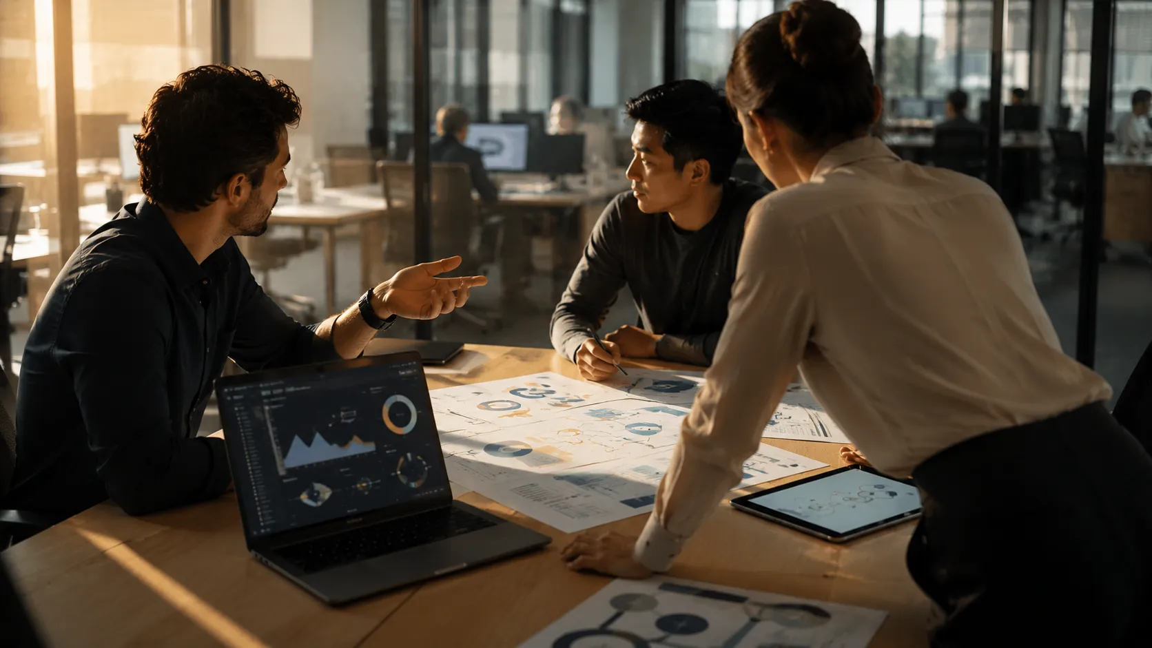 Three business professionals collaborating around a corporate workspace table, with a laptop dashboard, printed process diagrams, and a tablet visible across their materials.