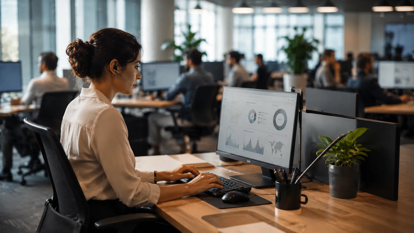 A service center professional focused at her workstation, fingers on her keyboard, with rows of colleagues at workstations softly out of focus behind her.