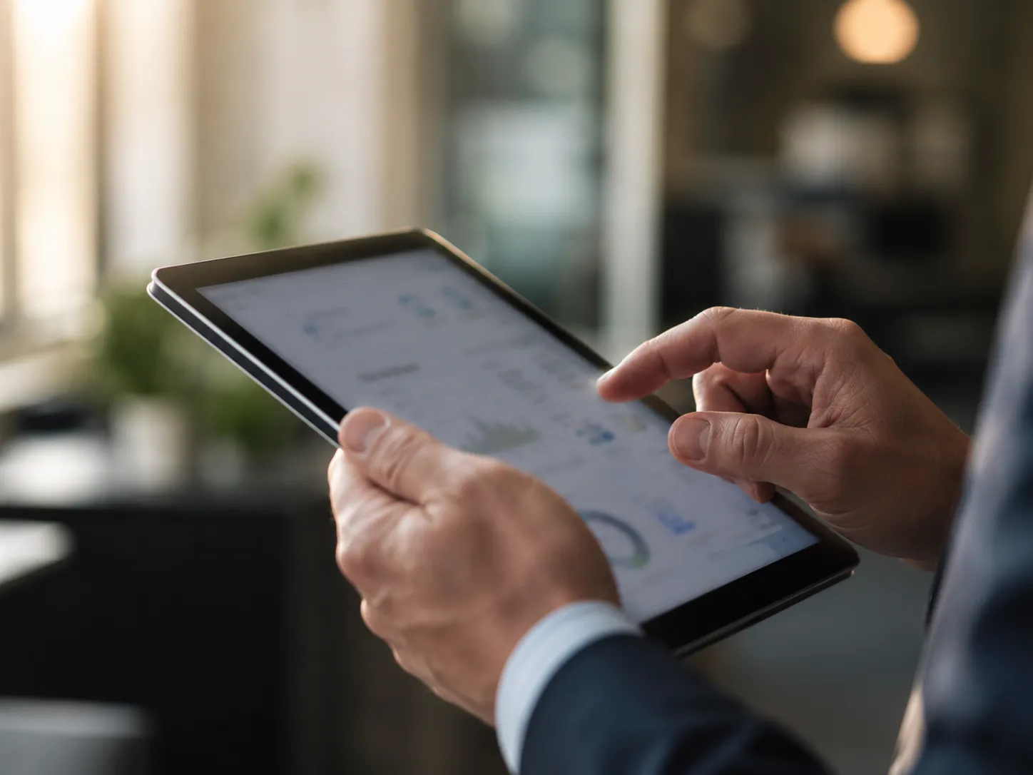 Hands reviewing operational data on a tablet